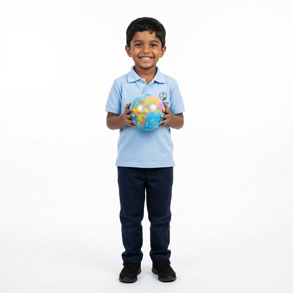 Primary school student with globe